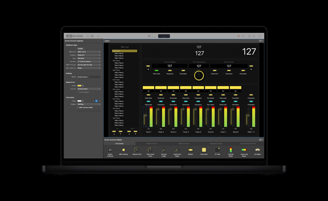 MacBook Pro de 16 pulgadas, la pantalla muestra el espacio de trabajo de Logic Pro con un dise?o, Inspector del Control de Pantalla a la izquierda, Paleta de Controles de Pantalla en la parte inferior