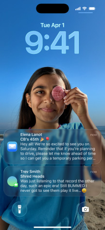 iPhone, five models, each model slightly overlapping the one next to it, far left screen shows a conversation with a background in Messages, second to left screen shows Home Screen with colourful app icons, centre model shows Lock Screen with photo, numerals for time in Liquid Glass, two notifications appear on bottom of screen, second to right model shows clear Liquid Glass app icons, far right model shows music player in Liquid Glass