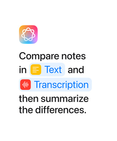 Vergleiche Notizen in Text und Transkription und fasse dann die Unterschiede zusammen, wobei die W?rter ?Text? und ?Transkription? blau hervorgehoben sind, wie sie in der Kurzbefehle App erscheinen würden