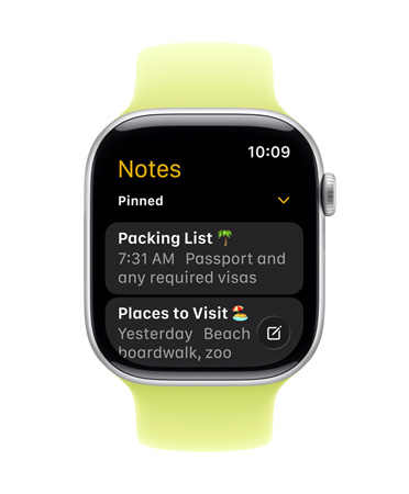 Apple Watch Series 11 med en urtavla som visar appen Anteckningar med tv? fastn?lade anteckningar