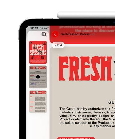 P? en iPad i liggende visning er Apple Pencil festet magnetisk til toppen av enheten. ?verst til venstre p? skjermen vises en PDF i Forh?ndsvisning-appen.