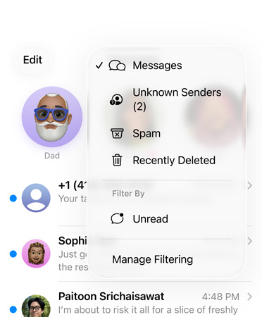 App Mensagens a mostrar a nova funcionalidade de ferramentas de filtro, que agora filtra números desconhecidos na sec??o Desconhecidos