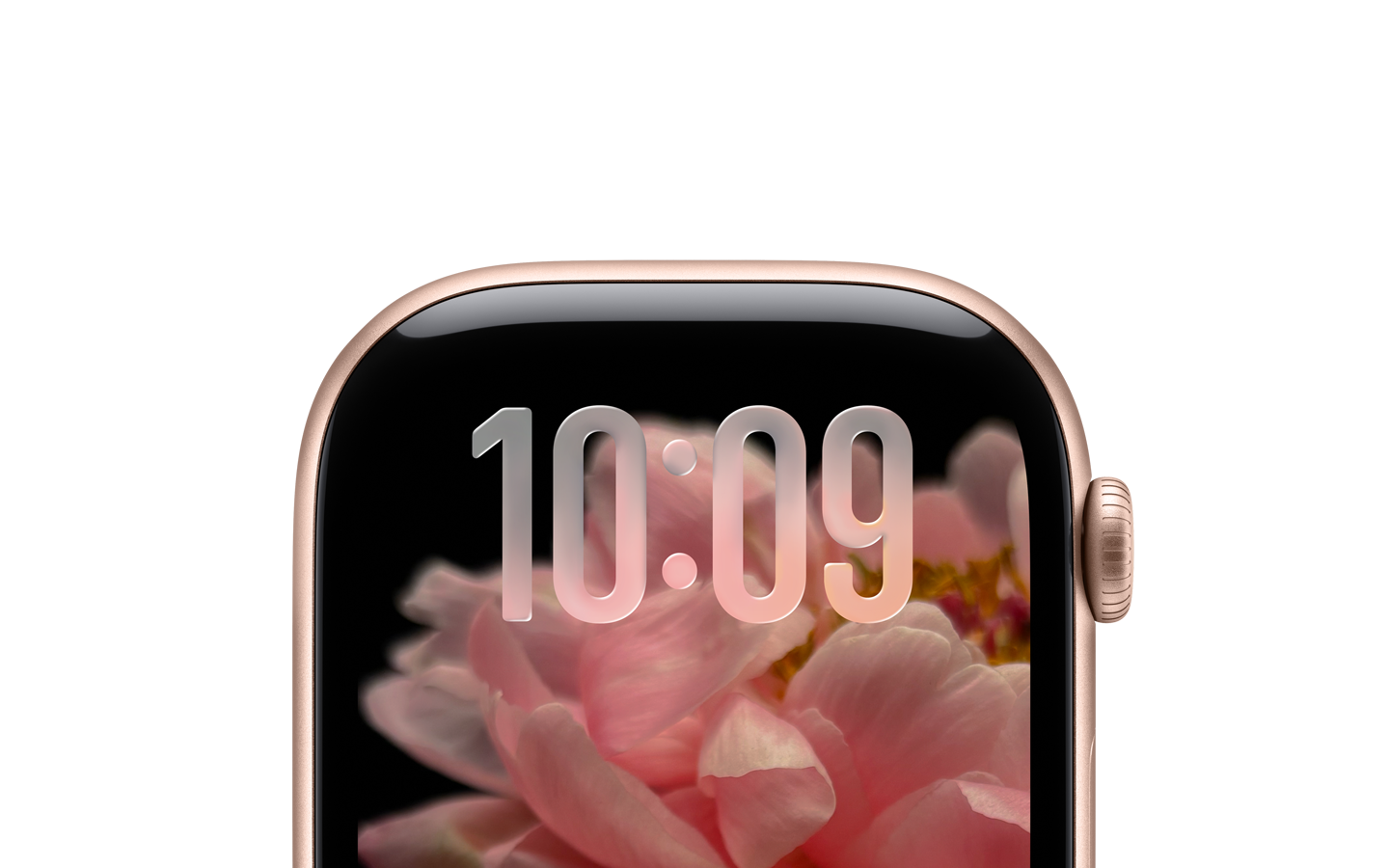 バンドを付けていないローズゴールドのApple Watch。畫面の上半分のみが見えていて、その上部に時(shí)刻を示す半透明なLiquid Glassの數(shù)字が表示されている