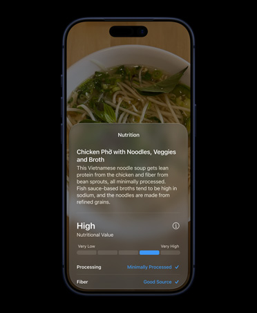 iPhone 17 Pro, Deep Blue, front screen, displays in Siri mode in Camera interface, showing nutrition facts about a food item identified with Visual Intelligence, screen shows  detailed information about chicken ph?, including common ingredients and nutrition information