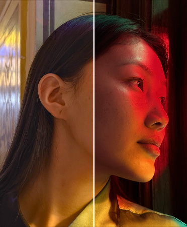 Foto dividida en dos partes de una mujer en un interior oscuro, iluminación roja, la mitad izquierda y la mitad derecha son distintas