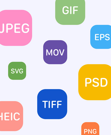 Un conjunto de burbujas de varios colores, cada una con un formato de archivo diferente para mostrar la amplia compatibilidad de archivos de Pixelmator Pro