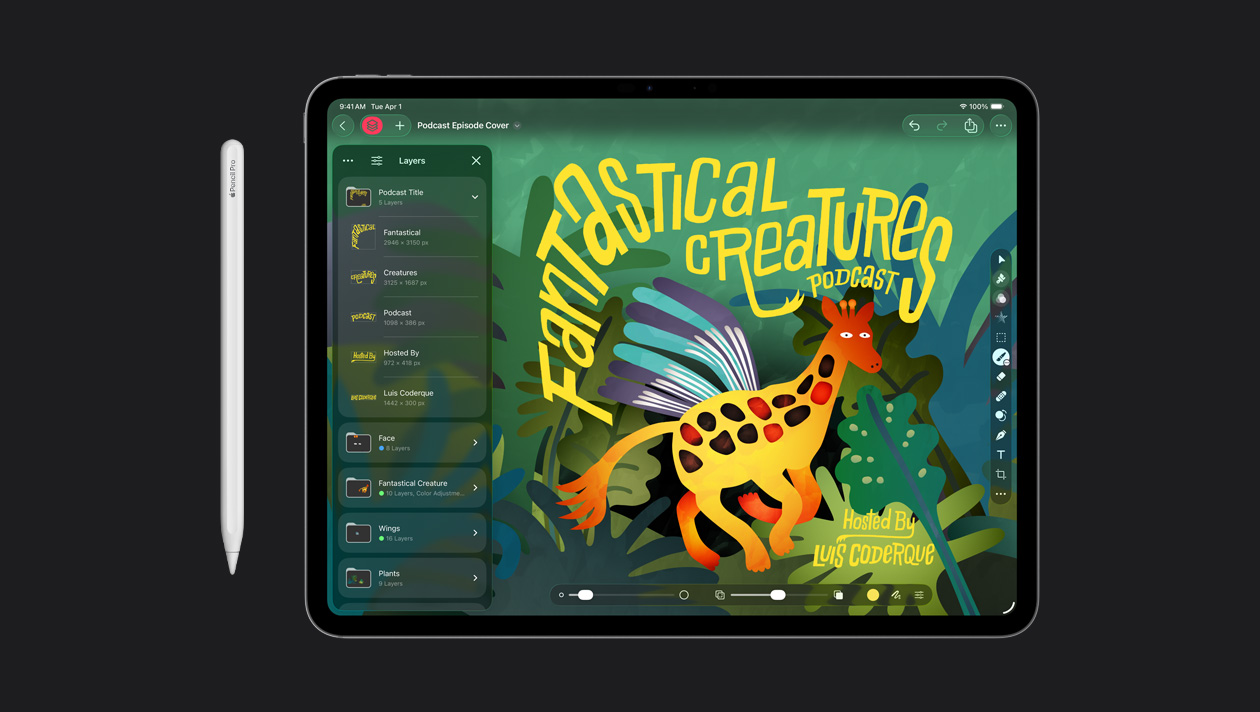 Un Apple Pencil con un iPad Pro de 13 pulgadas que muestra una ilustración de un podcast sobre criaturas fantásticas