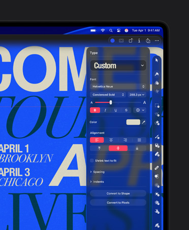 Pantalla de un MacBook Pro de 16 pulgadas, imagen del póster de Comedy Tour, herramienta para personalizar el texto