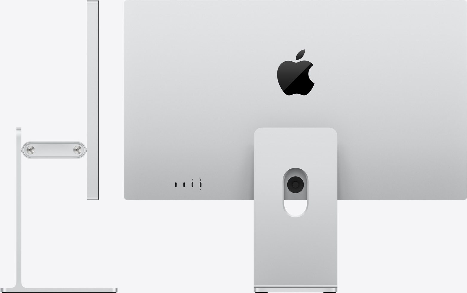 Studio Display XDR fixé sur le support à inclinaison et hauteur réglables, vu de dos et de c?té, pour mettre en avant le bras balancier