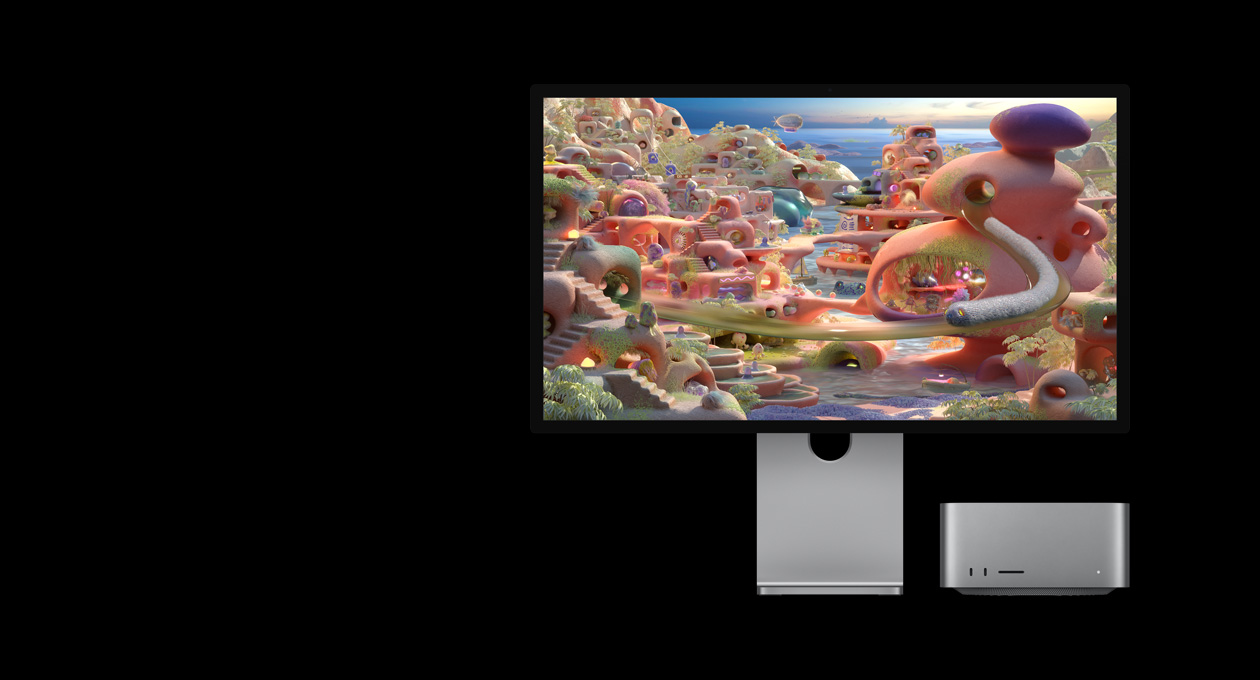 O Studio Display XDR, com o Mac Studio por baixo do monitor, apresenta uma paisagem de desenhos animados em que uma criatura tipo minhoca sai de um túnel e movimenta-se pelo ecr?