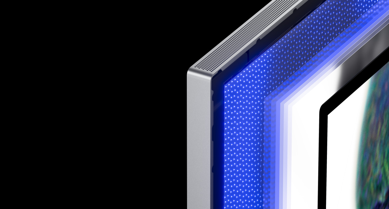 Galeria a mostrar as funcionalidades do Studio Display XDR, incluindo retroilumina??o mini-LED, capacidades de luminosidade e contraste, sincroniza??o adaptável e as várias liga??es