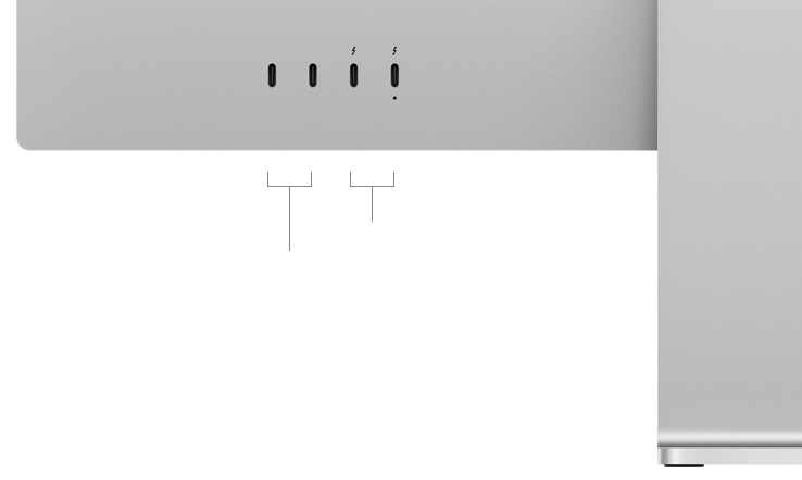 Rückansicht des Studio Display mit zwei USB?C Anschlüssen und zwei Thunderbolt 5 Anschlüssen