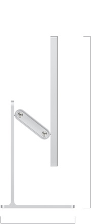Seitenansicht des Studio Display mit neigungs- und h?henverstellbarem Standfu?, H?he des Displays in der niedrigsten Position wird angezeigt