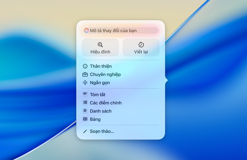 UI c?a C?ng C? Vi?t v?i tr??ng v?n b?n ?? nh?p l?i nh?c, nút ?? Hi?u ?ính và Vi?t L?i, các gi?ng v?n khác nhau và các tùy ch?n ?? tóm t?t, nêu ?i?m chính, b?ng và danh sách