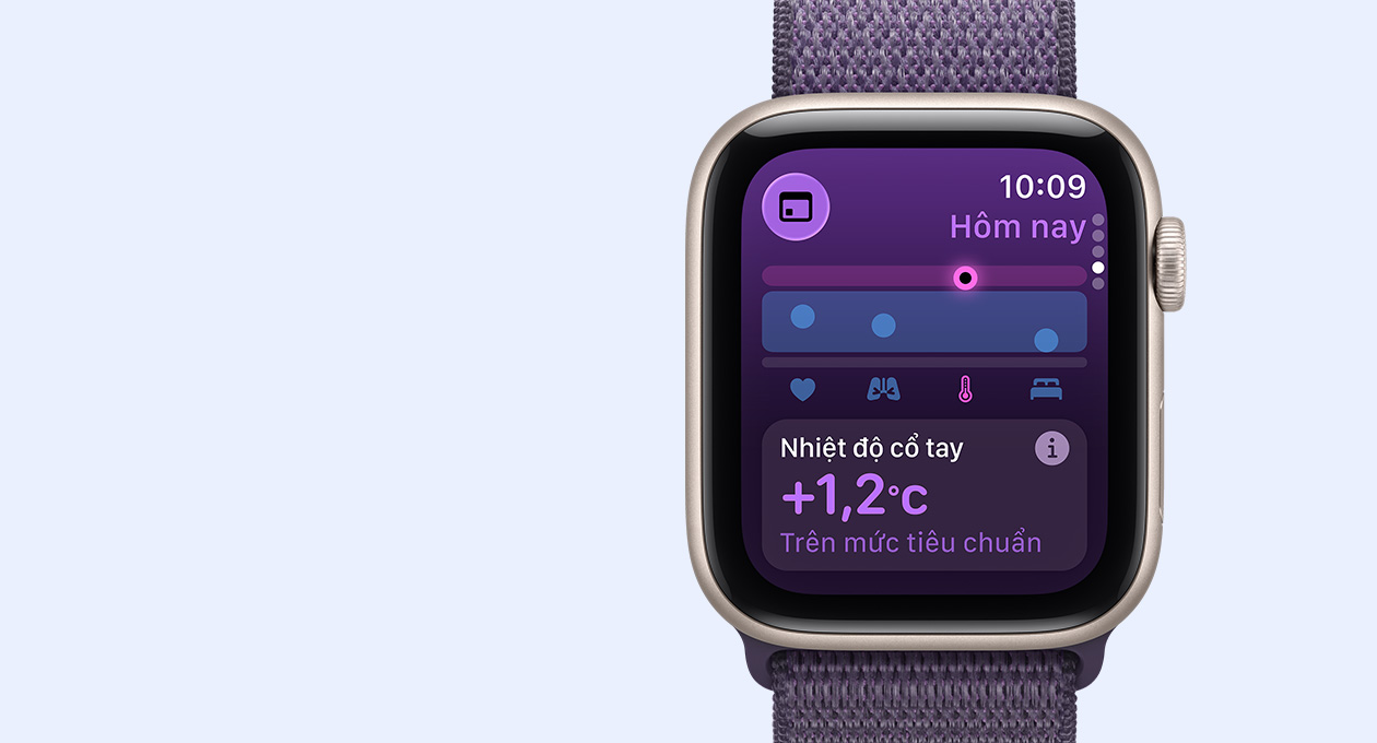 Apple Watch SE 3, v? nh?m, màu ánh sao, ch? s? ?o nhi?t ?? c? tay, m?t ngoài bên ph?i, Digital Crown, day ?eo, Day Qu?n Th? Thao, màu tím s??ng khói