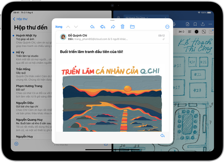 Mail và GoodNotes ???c s? d?ng c?nh nhau cùng lúc trên iPad. M?t email s? m? trong c?a s? riêng.
