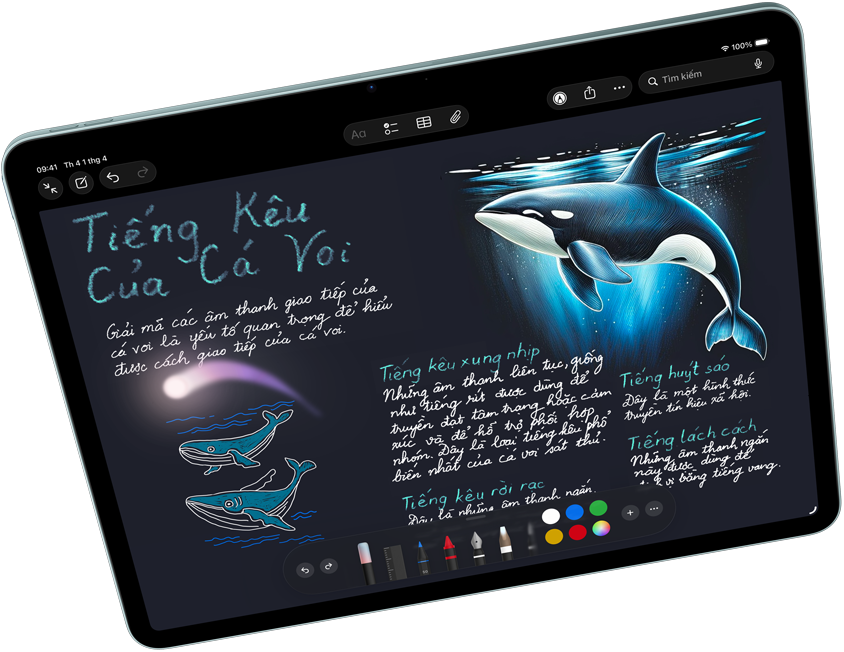 Hình ?nh n?m ngang c?a iPad Air, hi?n th? Apple Intelligence v?i tính n?ng ??a Phép Hình ?nh trong Ghi Chú, Apple Pencil Pro