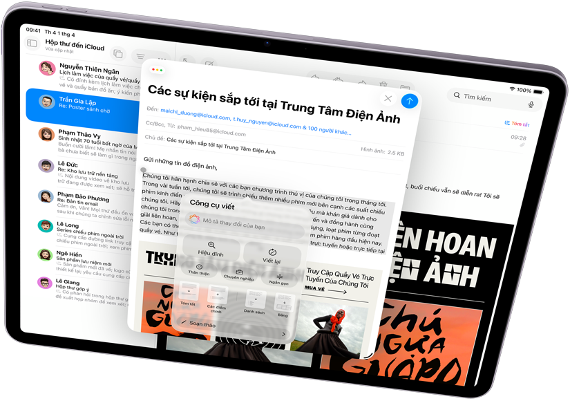 Hình ?nh iPad Air n?m ngang, hi?n th? Apple Intelligence cùng v?i C?ng C? Vi?t và Mail