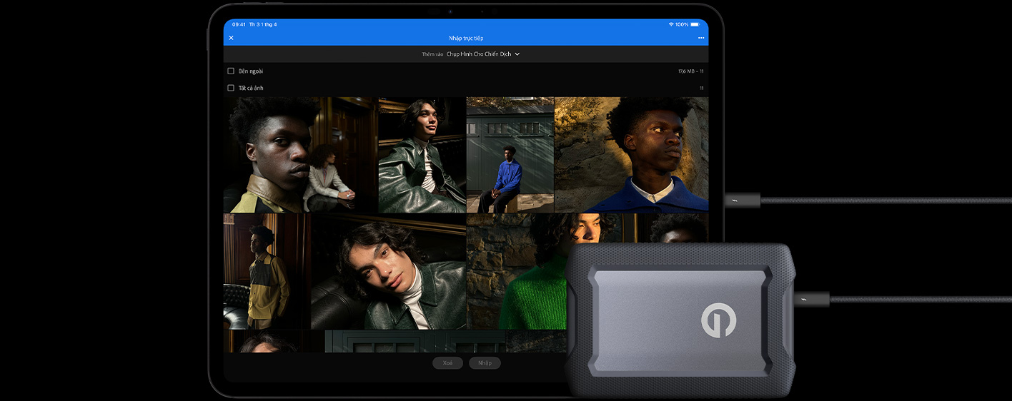 iPad Pro, v? ngoài m?t tr??c, n?m ngang, màu ?en kh?ng gian, ???c k?t n?i v?i ? c?ng USB-C g?n ngoài qua cáp, màn hình hi?n th? ?nh c?a các ng??i m?u ?ang ???c nh?p vào th? m?c có tên là 