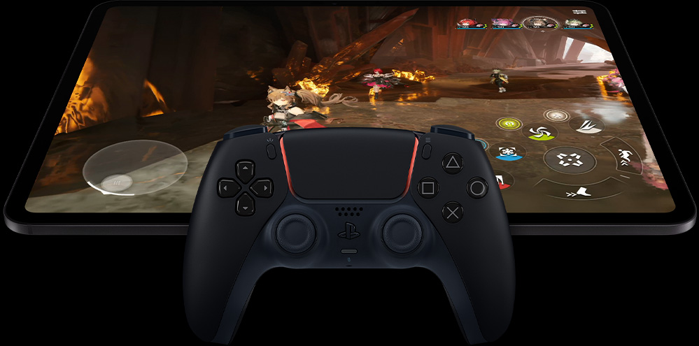 Tay c?m ?i?u khi?n kh?ng day PlayStation n?m trên iPad Pro, v? ngoài m?t tr??c, n?m ngang, màu ?en kh?ng gian, màn hình hi?n th? màn hình trò ch?i ?i?n t? v?i m?t robot v? lai kh?ng l? c?m thanh ki?m laser màu h?ng phát sáng