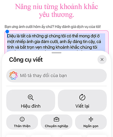 Tính n?ng C?ng C? Vi?t ?ang ???c s? d?ng v?i các tùy ch?n Hi?u ?ính, Vi?t L?i, Than Thi?n, Chuyên Nghi?p và Ng?n G?n