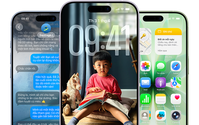 Các thi?t b? iPhone 17, v? ngoài m?t tr??c, các màu: xanh lam khói, tím o?i h??ng, xanh lá x? th?m, các tính n?ng iOS - N?n có các tin nh?n, Liquid Glass hi?n th? Màn Hình Khóa(chǎn) và Màn Hình Chính v?i nhi?u ?ng d?ng khác nhau ???c hi?n th?