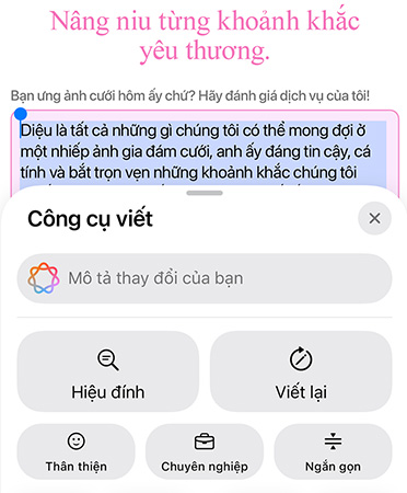 Tính n?ng C?ng C? Vi?t ?ang ???c s? d?ng v?i các tùy ch?n Hi?u ?ính, Vi?t L?i, Than Thi?n, Chuyên Nghi?p và Ng?n G?n