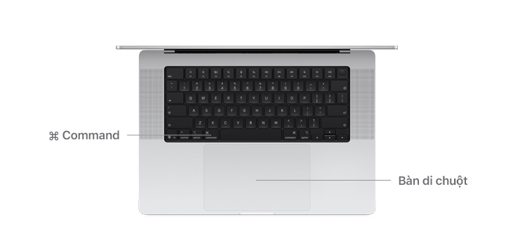 M?t trên c?a MacBook Pro 14" v?i các ???ng th? hi?n v? trí c?a phím Command và bàn di chu?t.