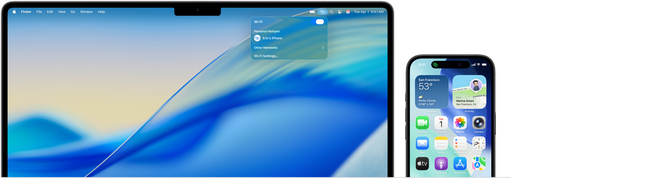 MacBook Pro 14 inch ?ang m? Trung Tam ?i?u Khi?n trong thanh menu, k?t n?i ?i?m Truy C?p Cá Nhan có n?i dung: iPhone c?a Eric, iPhone 16 v?i ch? báo ?i?m Truy C?p Cá Nhan màu xanh lá ? góc trên bên trái màn hình