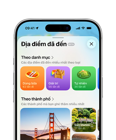 N?a trên màn hình iPhone hi?n th? tính n?ng ??a ?i?m ?? ghé th?m trong ?ng d?ng B?n ??, bao g?m Danh M?c và Thành Ph?