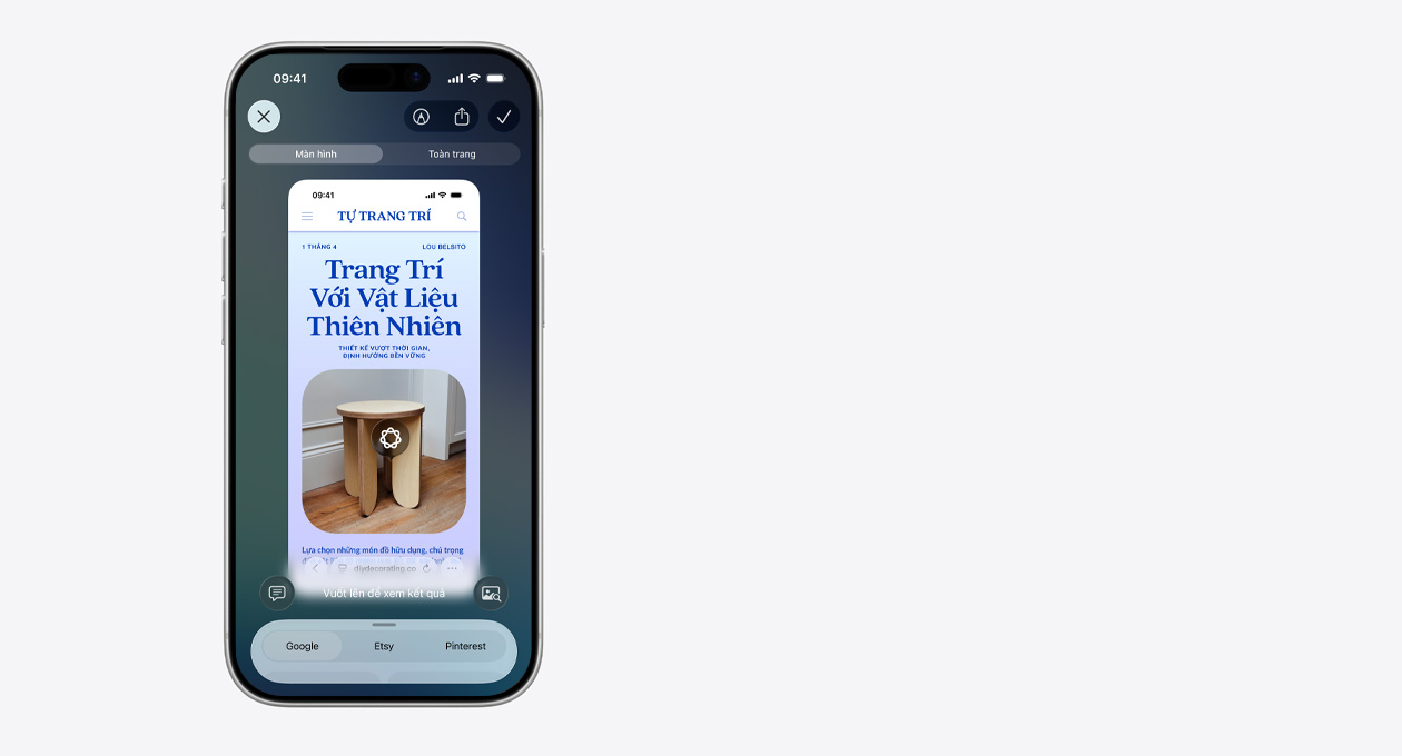 iPhone hi?n th? m?t l??i hình ?nh ch?a các lo?i ?èn bàn d?ng n?m khác nhau t? Etsy, cùng v?i các tab Google và Pinterest