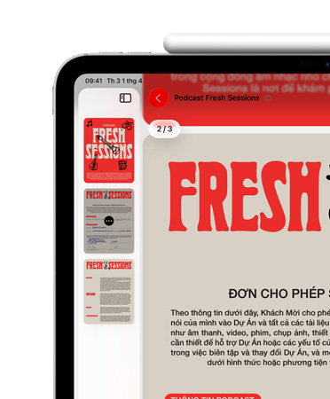iPad, n?m ngang, Apple Pencil g?n k?t b?ng nam cham ? c?nh trên, phía trên bên trái màn hình hi?n th? PDF trong ?ng d?ng Xem Tr??c
