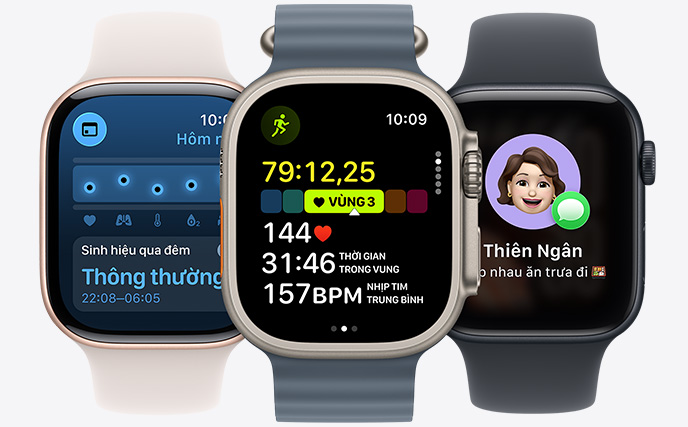 Ba phiên b?n Apple Watch, ? gi?a là phiên b?n màu T? Nhiên, m?t ??ng h? hi?n th? bài t?p ch?y ?ang di?n ra cùng v?i s? li?u nh?p tim, bên ph?i là phiên b?n màu ?en Bóng, m?t ??ng h? hi?n th? Genmoji, bên trái là phiên b?n màu Vàng H?ng, m?t ??ng h? hi?n th? Sinh Hi?u